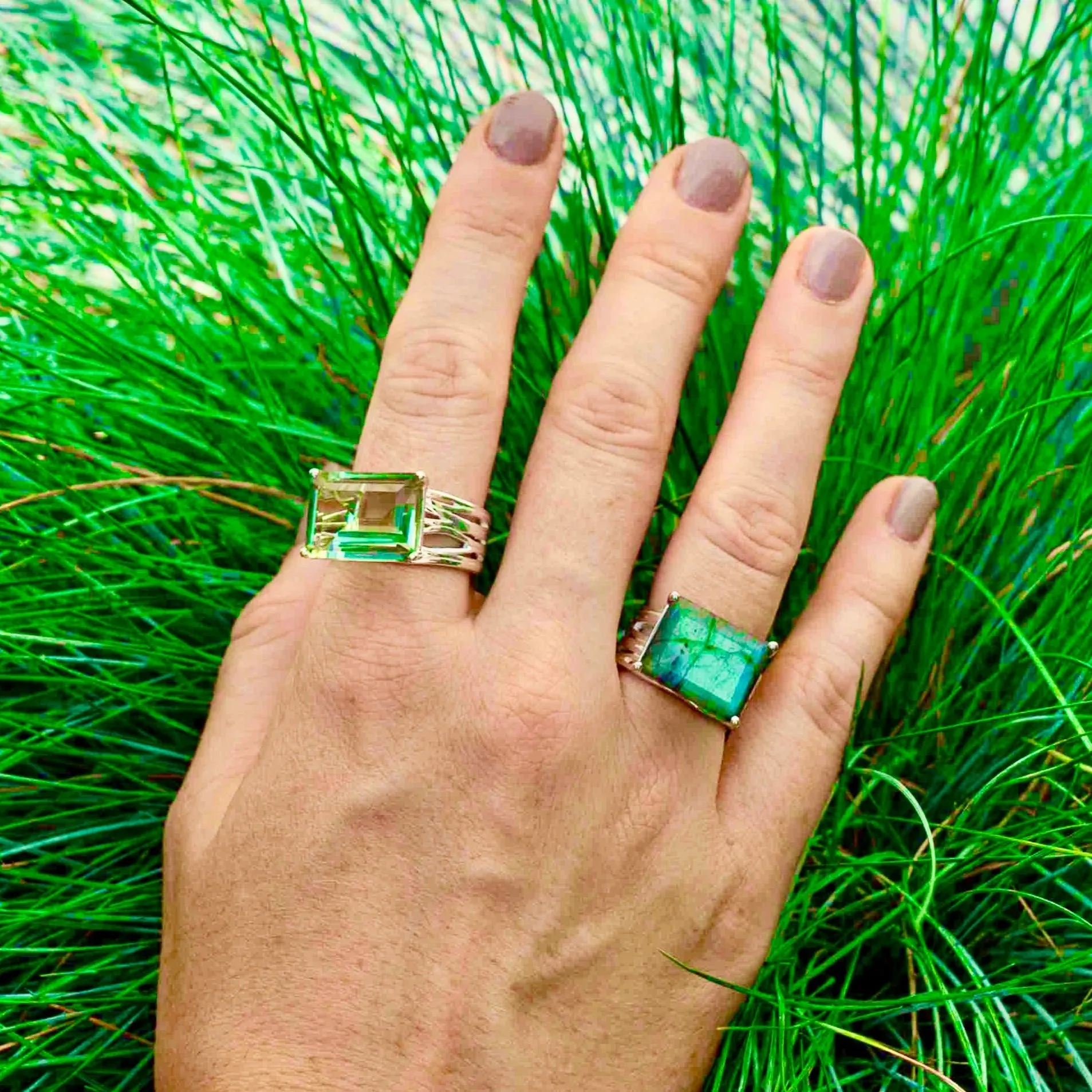 Silver Cocktail Ring Green Amethyst Pietra