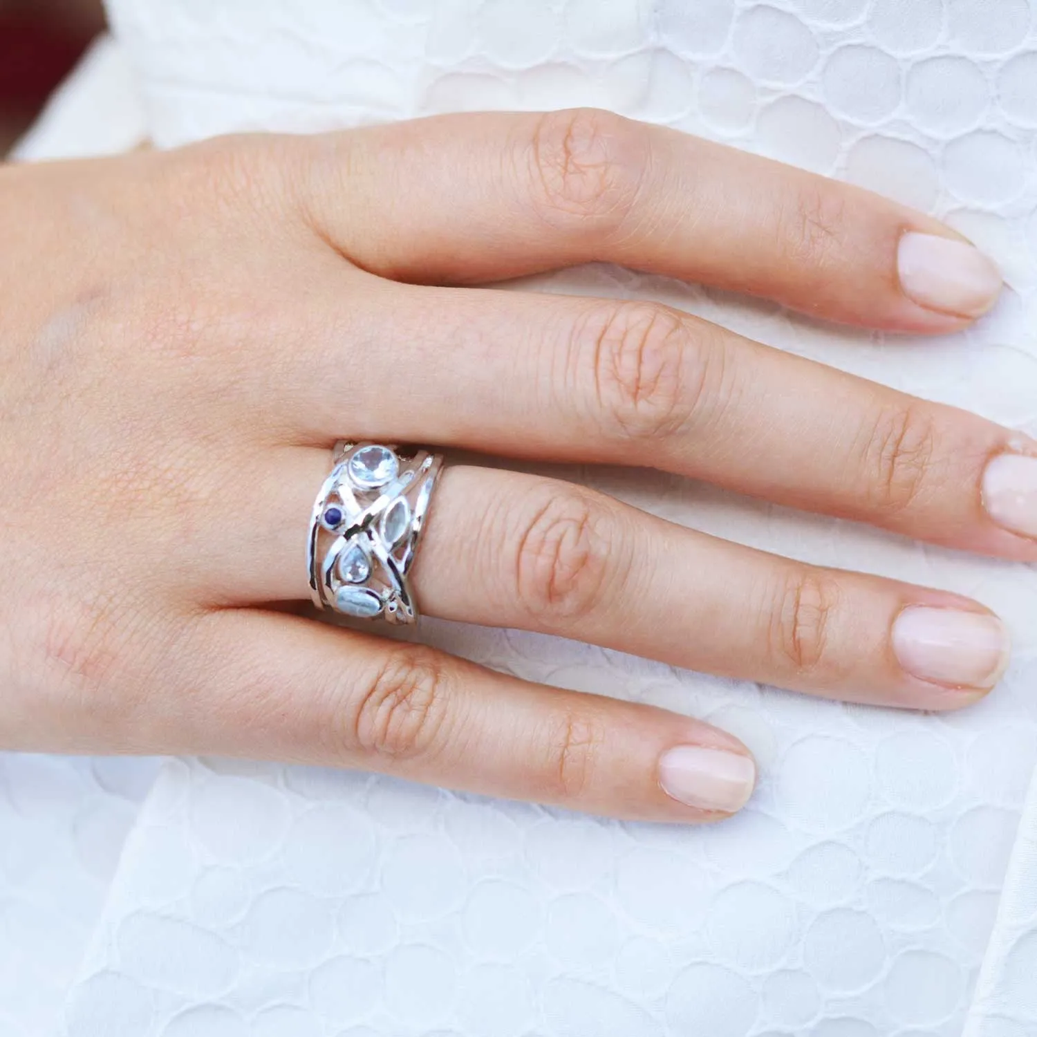 Silver Cocktail Ring Green Gemstones Liana
