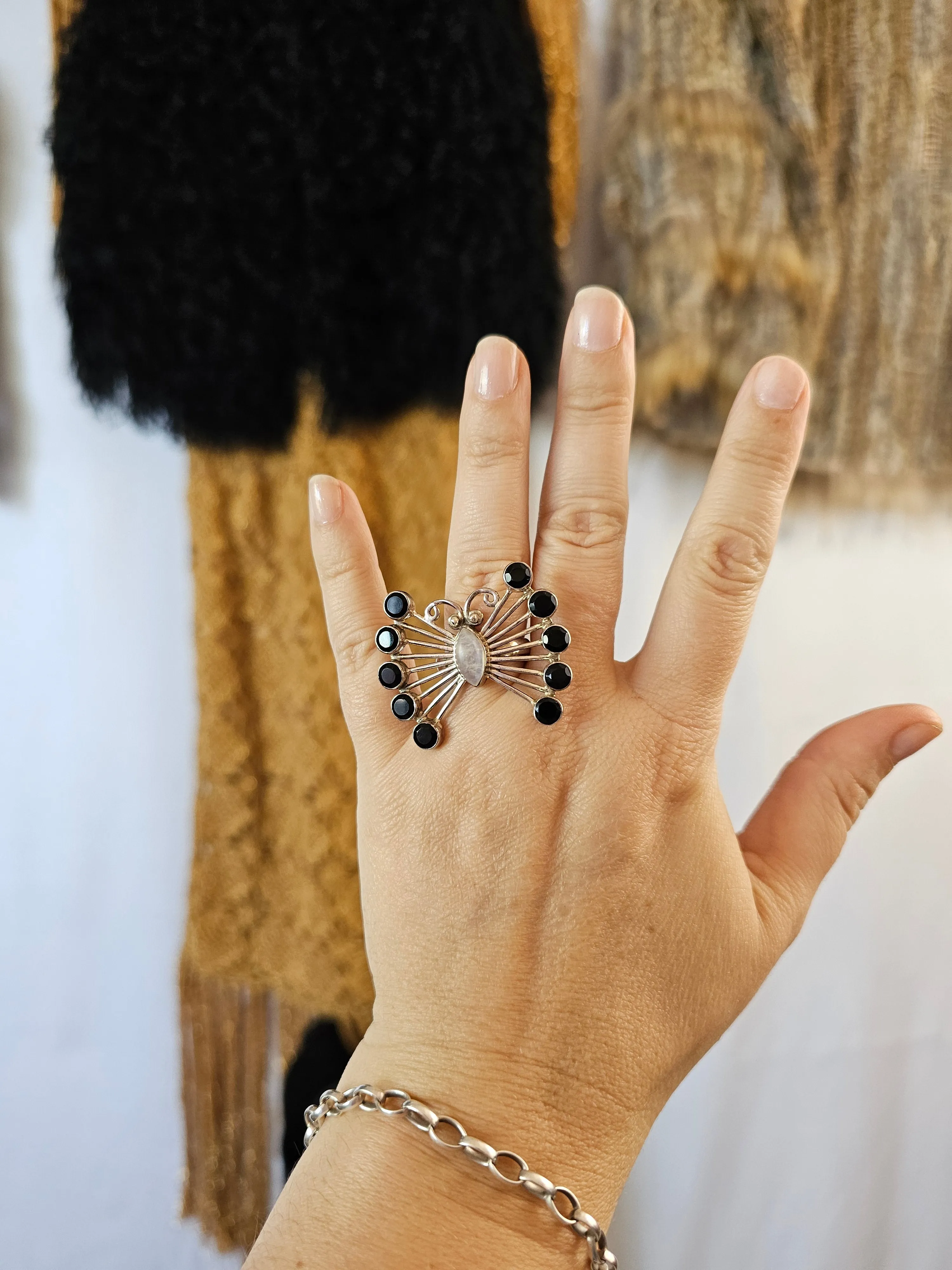 STERLING SILVER, ONYX & RAINBOW MOONSTONE RING