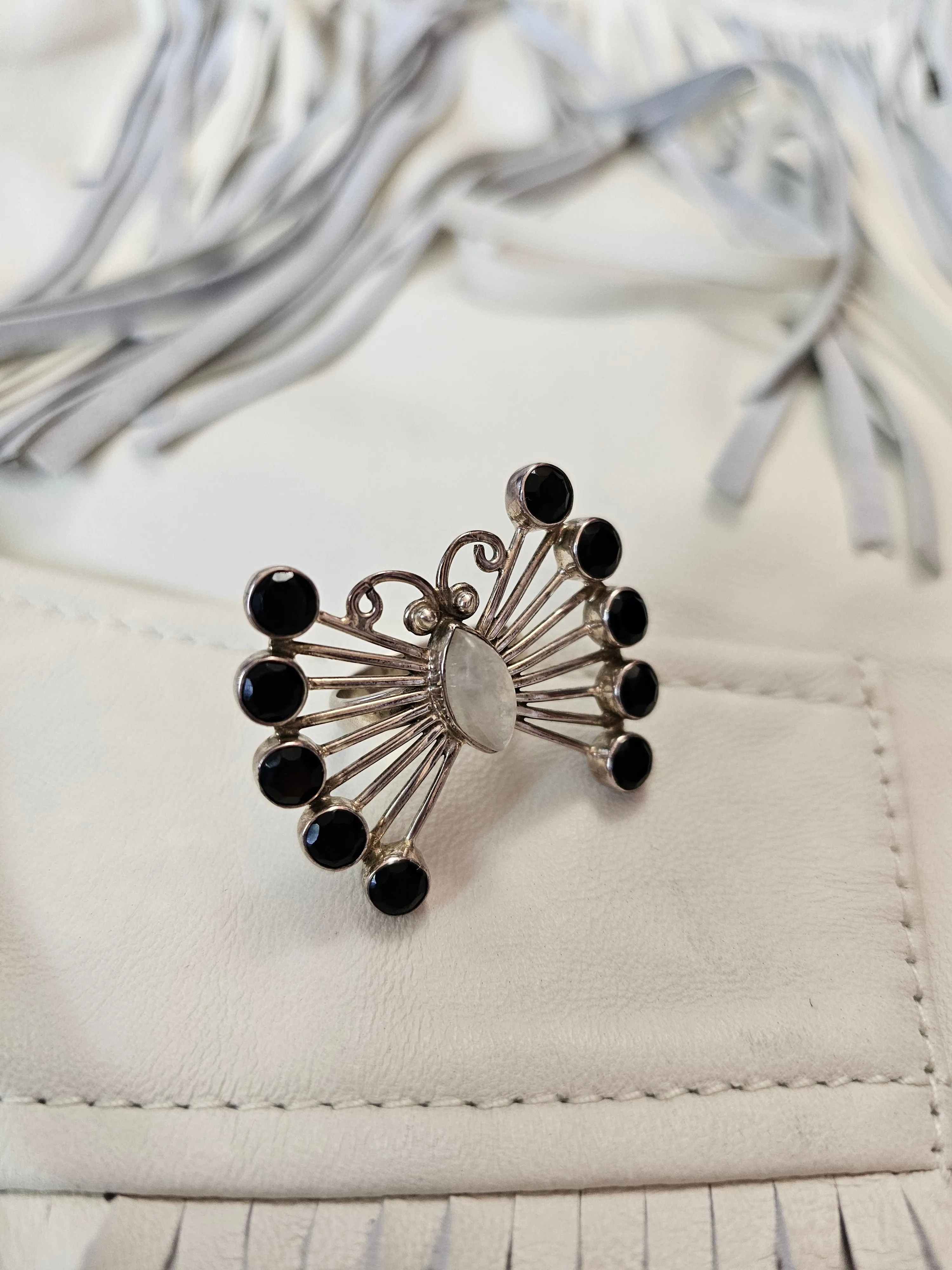 STERLING SILVER, ONYX & RAINBOW MOONSTONE RING