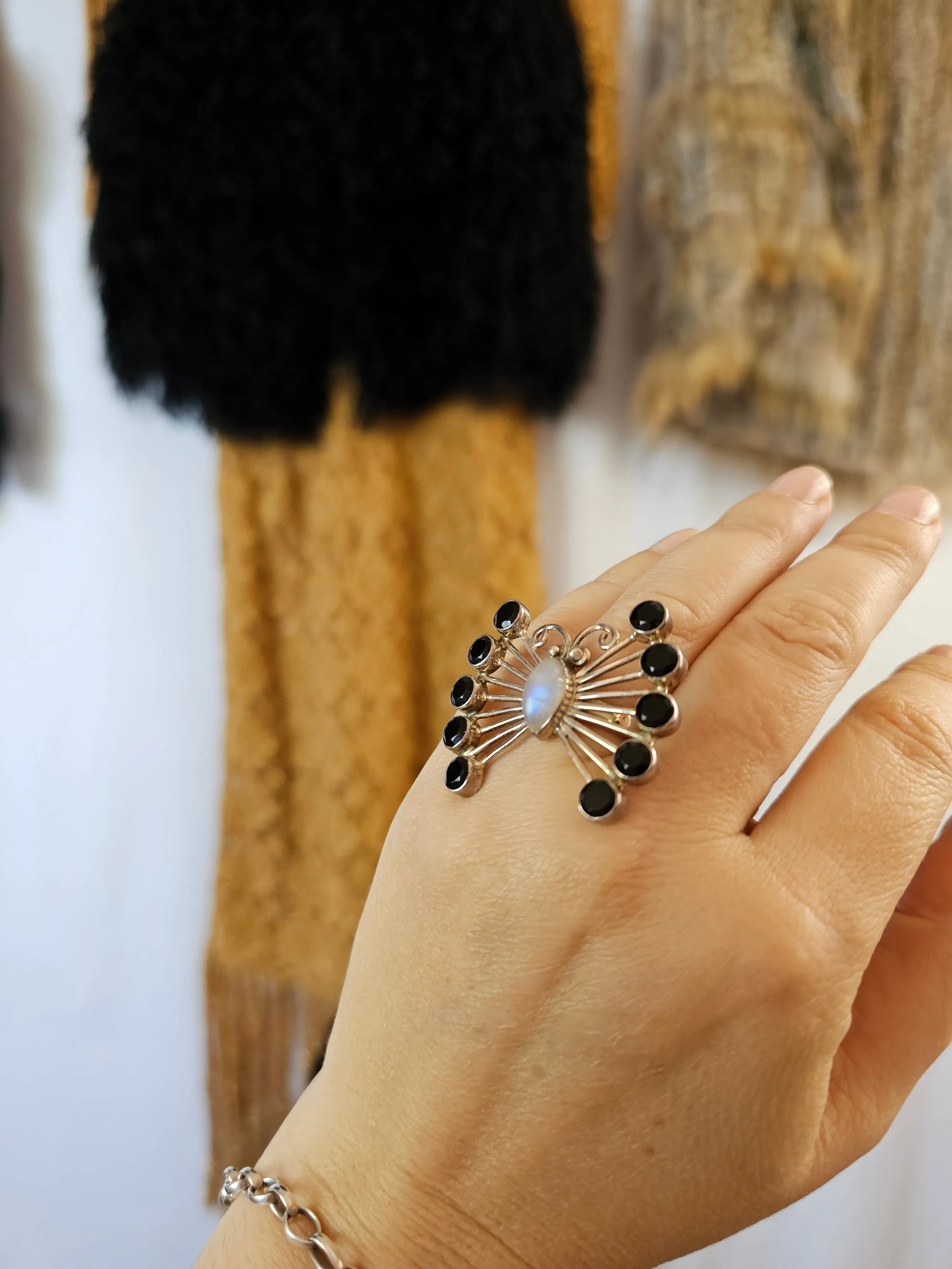 STERLING SILVER, ONYX & RAINBOW MOONSTONE RING