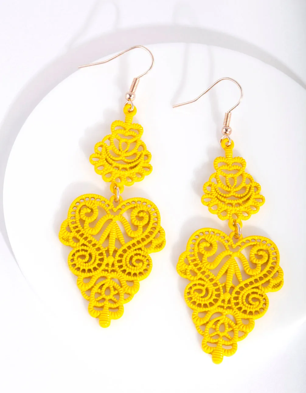 Yellow Large Filigree Drop Earrings